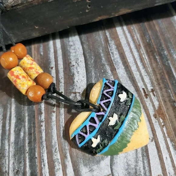 Artisan Heart Flowers Unglazed Clay Beige Black Multicolor OOAK Pendant Necklace - Picture 5 of 7